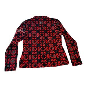 T&W Designs Lightweight Blazer Women's Sz M Black Red Geometric Pattern Zip Up